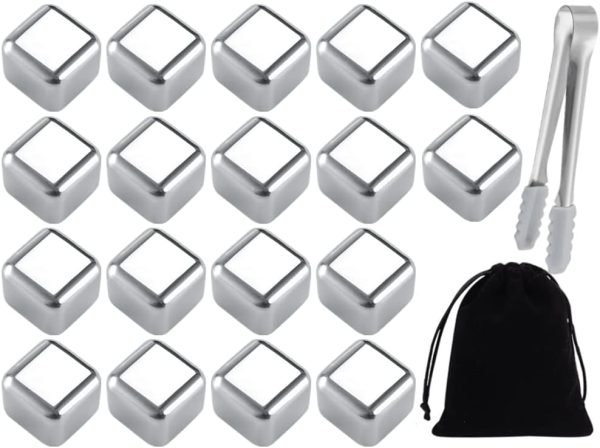 18 PCS Stainless Steel Ice Cubes,Metal Ice Cube,und Velvet Bags+1 Nonslip Ice Tong,Cooling Whisky Rocks,Stainless Steel Whiskey Rocks,For Whiskey,Vodka,Liqueurs,Wine,Beverage Juice or Soda
