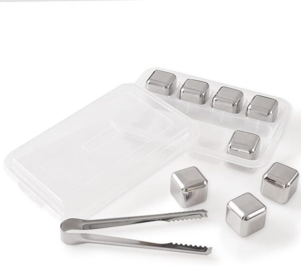 Stainless Steel Reusable Ice Cubes Stones, 8PCS Ice Cubes Set with Head Tongs and Ice Cube Trays(Set of 8)
