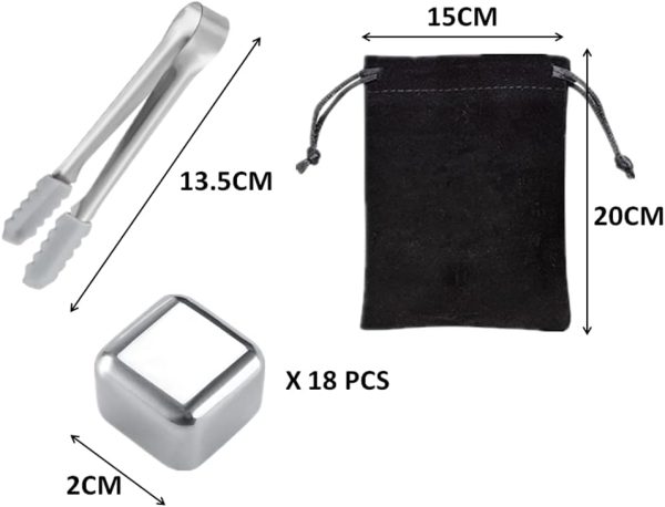 18 PCS Stainless Steel Ice Cubes,Metal Ice Cube,und Velvet Bags+1 Nonslip Ice Tong,Cooling Whisky Rocks,Stainless Steel Whiskey Rocks,For Whiskey,Vodka,Liqueurs,Wine,Beverage Juice or Soda - Image 2