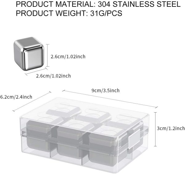 Whiskey Stones 6 Pack, Metal Reusable Ice Cubes, Stainless Steel Ice Cubes, Suitable for Whiskey, Vodka, Liqueurs, Wine, Beverage Juice or Soda - Image 2