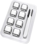 Stainless Steel Ice Cubes, 8-PCS Reusable Whiskey Stones, Chilling Stones for Wine with Non-Slip Ice Tongs & Freezer Storage Tray