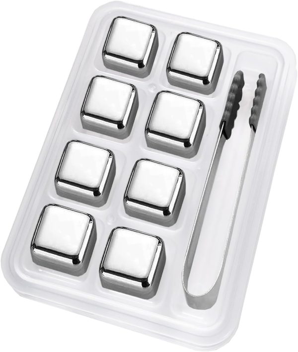 Stainless Steel Ice Cubes, 8-PCS Reusable Whiskey Stones, Chilling Stones for Wine with Non-Slip Ice Tongs & Freezer Storage Tray