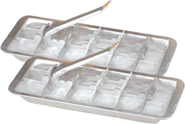 Vintage Kitchen Aluminum Metal Ice Cube Trays, Set of 2 – Each Tray Features 18 Slot Ice Cube Maker with Easy Release Handle