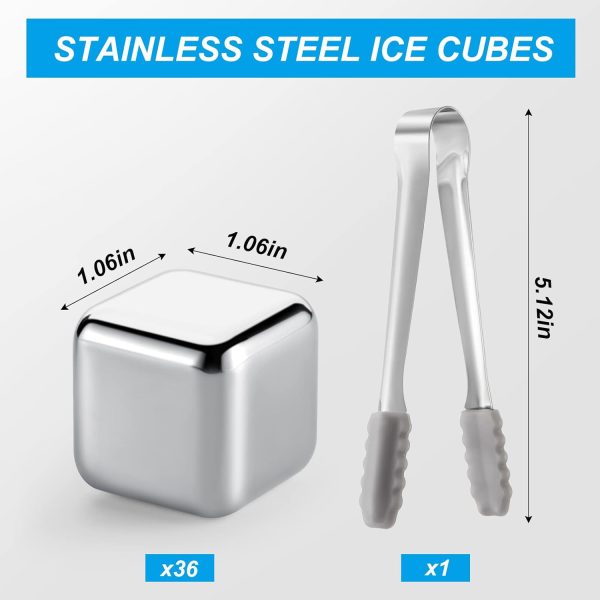 60 Pcs Reusable Stainless Steel Ice Cubes with Tongs Whiskey Cubes Vodka Metal Rocks Tool Ice Stones Rocks for Summer Drinks Chilling Whiskey Iced Coffee Vodka Liqueurs Wine Not Solid - Image 2