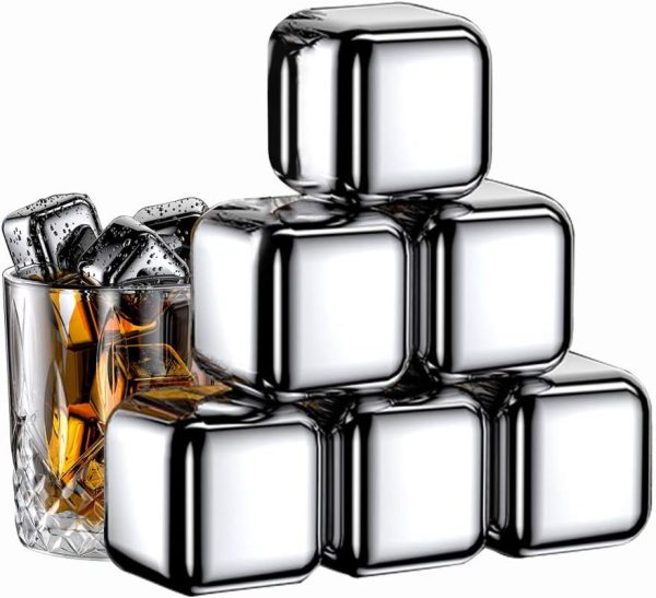 Whiskey Stones 6 Pack, Metal Reusable Ice Cubes, Stainless Steel Ice Cubes, Suitable for Whiskey, Vodka, Liqueurs, Wine, Beverage Juice or Soda