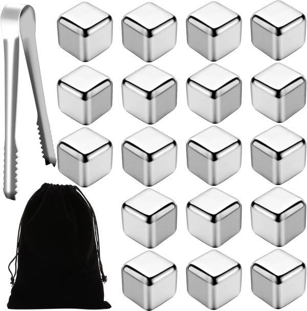 18Pcs Metal Ice Cube,Reusable Whiskey Stones,Stainless Steel Ice Cubes,Refreezable Chilling Ice Cubes,Metal Chilling Rocks with Tongs and Drawstring Bag for Whiskey Vodka Juice Milk Soda