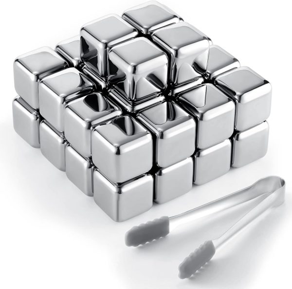 60 Pcs Reusable Stainless Steel Ice Cubes with Tongs Whiskey Cubes Vodka Metal Rocks Tool Ice Stones Rocks for Summer Drinks Chilling Whiskey Iced Coffee Vodka Liqueurs Wine Not Solid