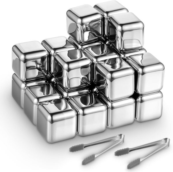 24 Pack Stainless Steel Ice Cubes, Reusable Metal Whiskey Stones High Cooling Chilling Rocks with Ice Tongs & Freezer Storage Box for Drinking Vodka Liqueurs Wine Beverage Juice Soda