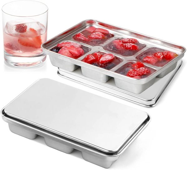 Ice Cube Tray with Lid, 2 Pack 12 Big Cubes, Stainless Steel Ice Cube Trays for Freezer, Ice Cube Molds for Cocktails, Whiskey, Drinks, and Ice Coffee, Easy Release