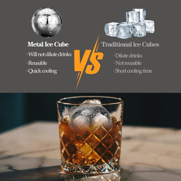 Reusable Ice Cubes & Metal Chilling Stones 304 Stainless Steel Whiskey Balls XL Extra Large Whiskey Ice Stones Set of 4 Silver Ball 2.2" (55 mm) Whiskey Gifts - Image 2