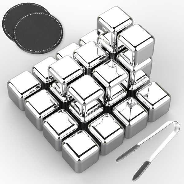 24 Pack Stainless Steel Ice Cubes Reusable - Ice Cubes Stainless with Ice Tongs and Whiskey Stones - Men Gifts for Drinks, Whiskey, Vodka, Chilling Rocks, Chilling Rocks for Drinks